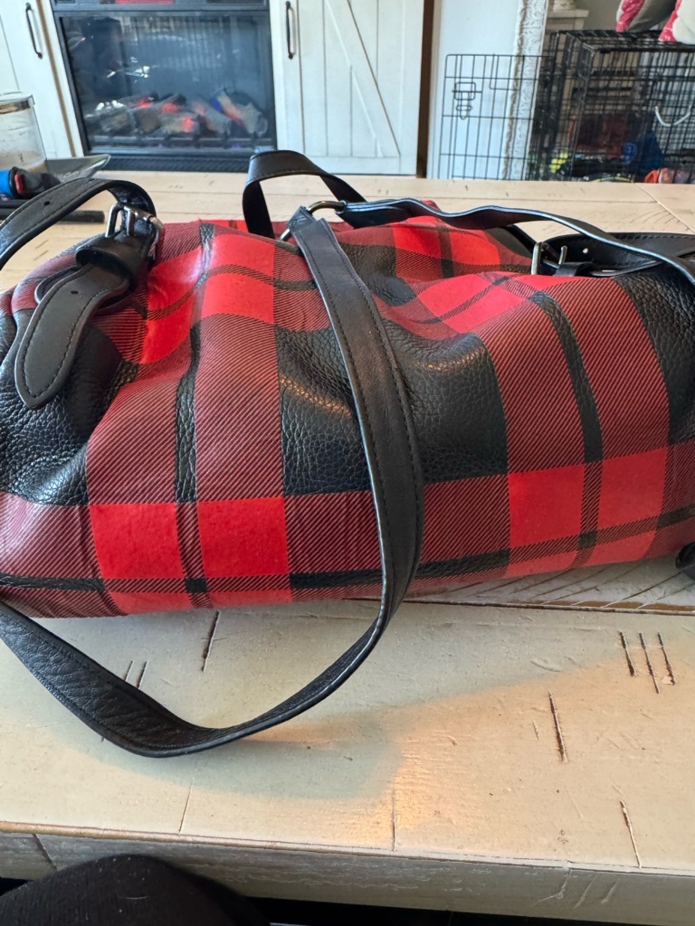 Coach Used Red and Black Plaid Bucket Backpack - Picture 5 of 6